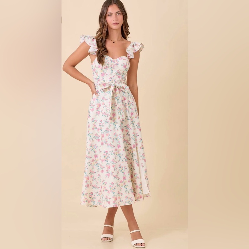 Main Strip Cream Floral Midi Dress with Pink & Green Accents